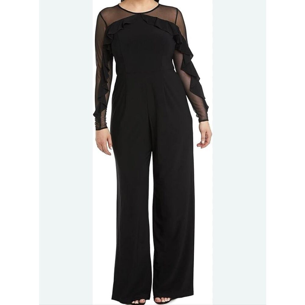 R&M Richards Women's Black Ruffled Illusion Sleeve Formal Jumpsuit Sz 12 NEW